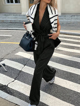 2Pcs/Set Women Casual Striped Print Peak Collar Belted Vest Top And Loose Straight Leg Pants